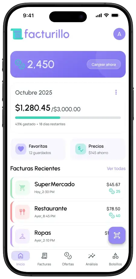 Lista de facturas recientes escaneadas con nombres de comercios, fechas, totales y etiquetas de categoría