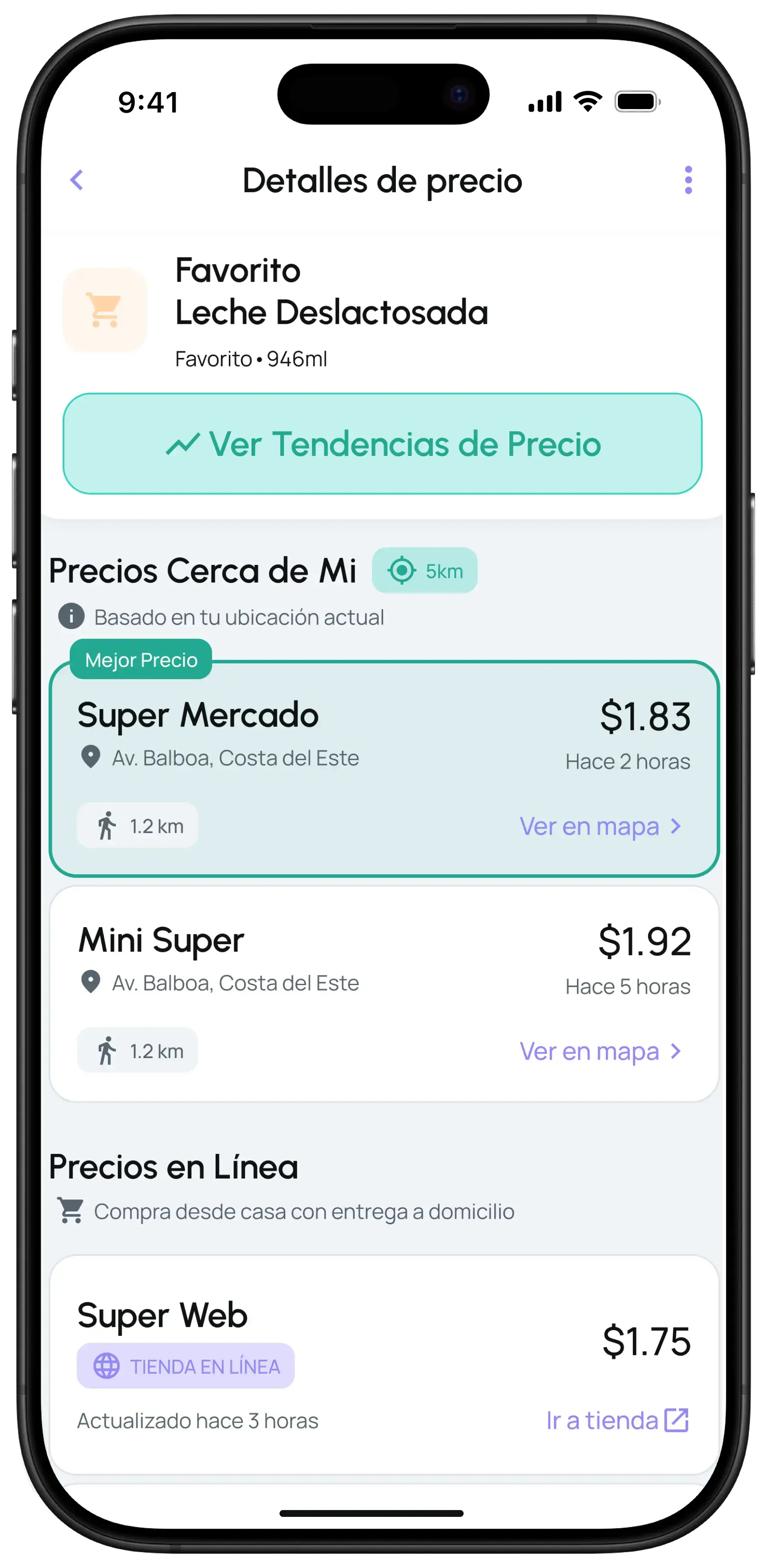 Gráfica de historial de precios con comparación entre comercios